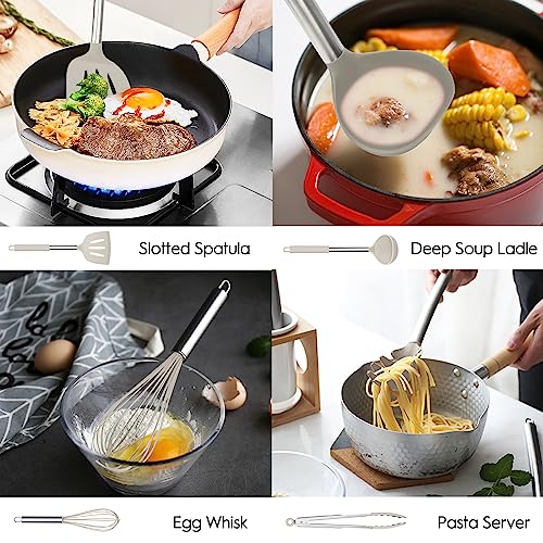 MIBOTE Silicone Kitchen Cooking Utensil Set, Silicone Kitchen Spatula Utensils Set with Stainless Steel Handle,Non-stick Heat Resistant - Best Kitchen Cookware Set-(Khaki) - Image 4