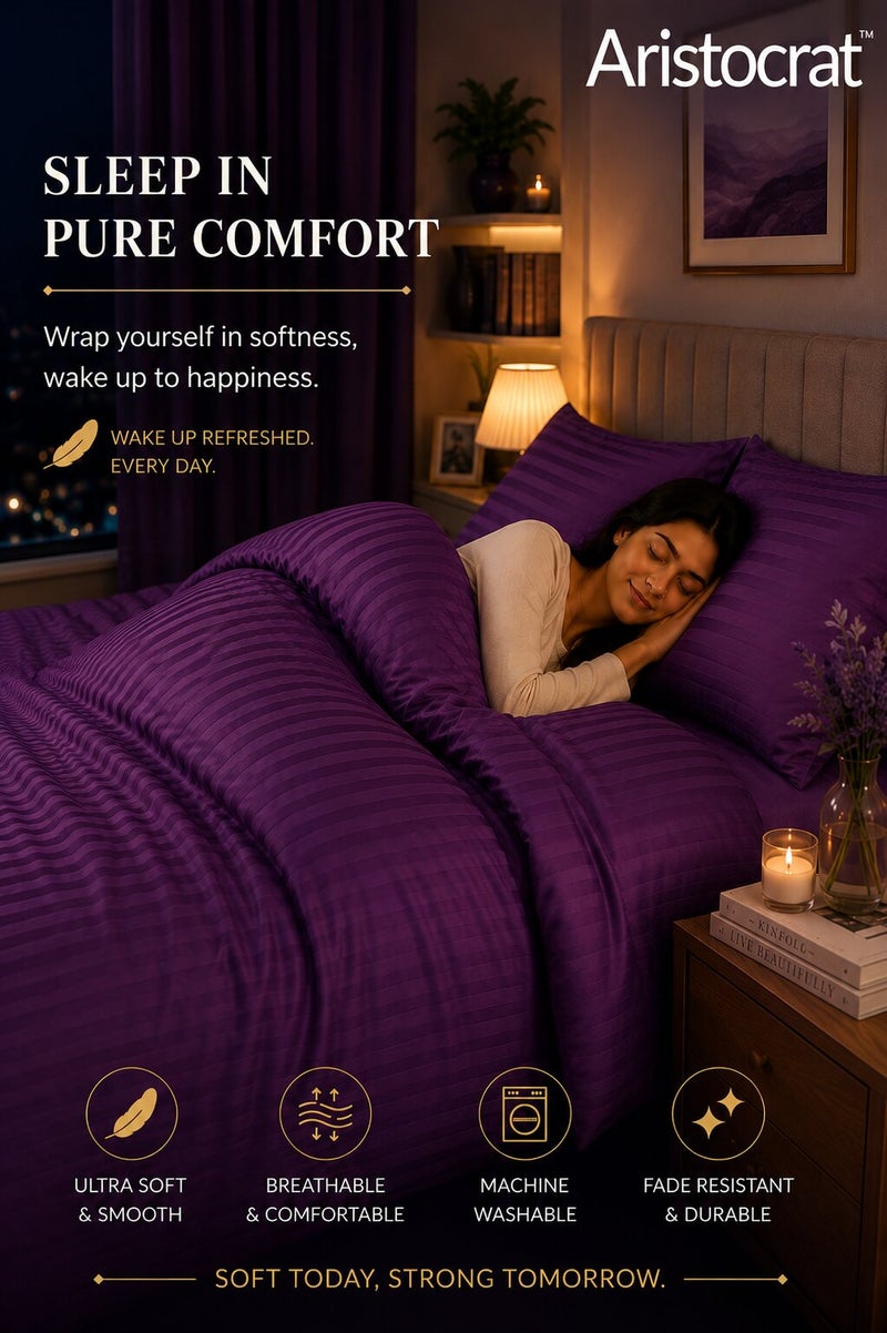 Aristocrat 3-Piece Stripe Microfiber Duvet Cover Set | Single | Includes 1 Duvet Cover (160x220cm) & 2 Pillowcases (53x75+15cm) | Ultra Soft, Breathable & Wrinkle Resistant | Purple - Image 3