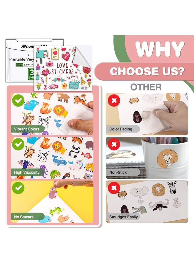 RowinsyDD 30 قطعة ورق ملصقات فينيل قابل للطباعة لطابعات الحبر وطابعات الليزر، حجم قياسي 8.5"x11"، ورق ملصقات مقاوم للماء يجف بسرعة بألوان زاهية، أبيض غير لامع - Image 5