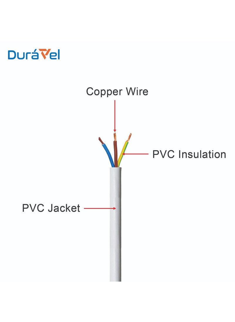 Duravel 3-Core Electrical Cable, White PVC Insulated Power Wire, Flexible Copper Conductor (3 CORE 50 METER, 1.5MM)