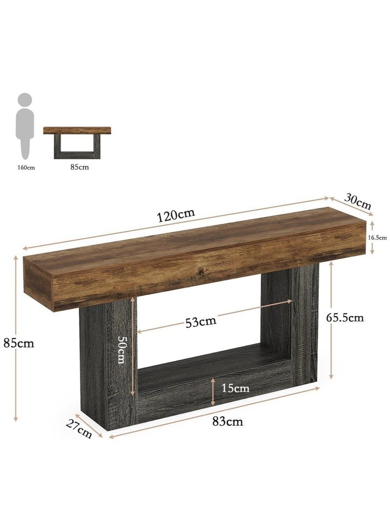 VRCOW 120cm Console Table, Rustic 2-Tier Entryway Table with U-Shape Base, Slim Wooden Sofa Table for Behind Couch, Living Room, Hallway and Foyer - Image 2