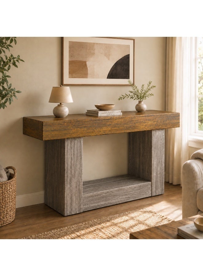 VRCOW 120cm Console Table, Rustic 2-Tier Entryway Table with U-Shape Base, Slim Wooden Sofa Table for Behind Couch, Living Room, Hallway and Foyer - Image 3