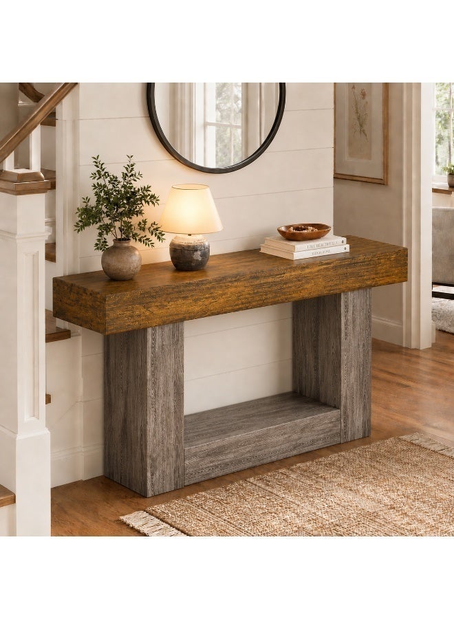 VRCOW 120cm Console Table, Rustic 2-Tier Entryway Table with U-Shape Base, Slim Wooden Sofa Table for Behind Couch, Living Room, Hallway and Foyer - Image 5