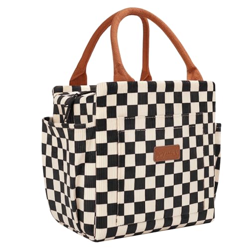 Joymee Lunch Bag Women Insulated Lunch Box Corduroy Checker Reusable Leakproof Large Capacity Lunch Tote Bag for Women Men Adult with Side Pockets and Bottle Holder for Work Corduroy Checker Black - Image 1