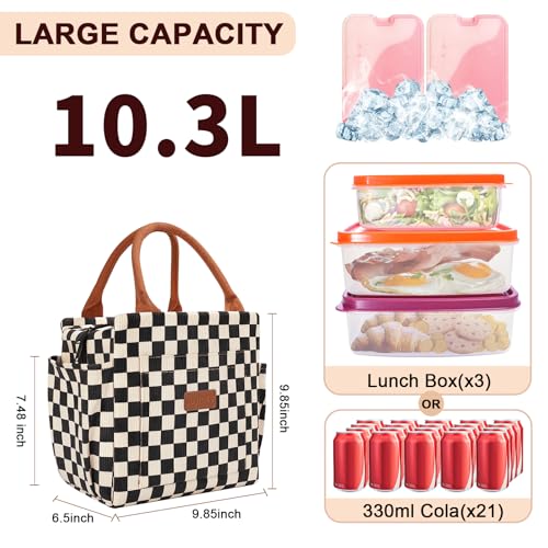 Joymee Lunch Bag Women Insulated Lunch Box Corduroy Checker Reusable Leakproof Large Capacity Lunch Tote Bag for Women Men Adult with Side Pockets and Bottle Holder for Work Corduroy Checker Black - Image 3