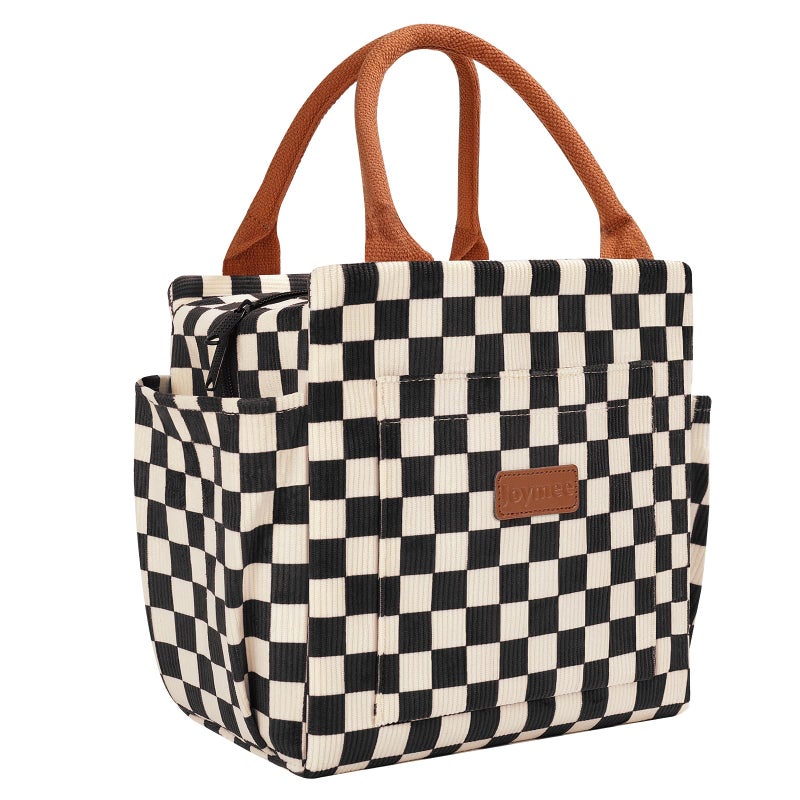Joymee Lunch Bag Women Insulated Lunch Box Corduroy Checker Reusable Leakproof Large Capacity Lunch Tote Bag for Women Men Adult with Side Pockets and Bottle Holder for Work Corduroy Checker Black - Image 2
