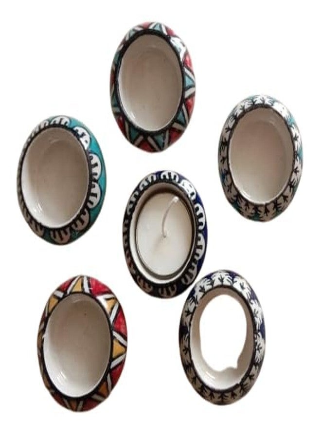 The Pot Dealer Handcrafted Ceramic Christmas Tealight Candles Holders Hand Painted Table Top Tea Light Candle Stand for Diwali Decoration with Tea Lights (Printed Multi, Pack of 3) - Image 3