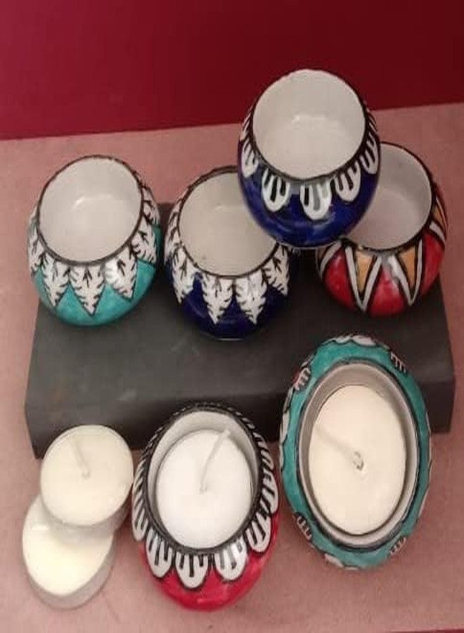 The Pot Dealer Handcrafted Ceramic Christmas Tealight Candles Holders Hand Painted Table Top Tea Light Candle Stand for Diwali Decoration with Tea Lights (Printed Multi, Pack of 3) - Image 2