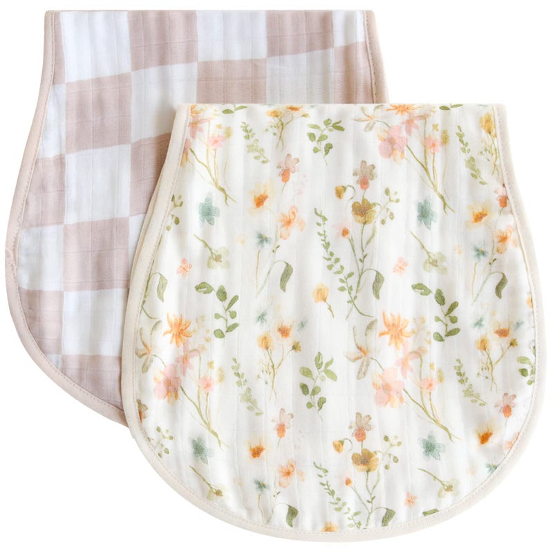 LifeTree Muslin Baby Burp Cloths - Soft 2 Pack Viscose Bamboo Cotton Large 22'' by 10'' Absorbent Milk Spit Up Rags - Burping Cloths for Newborn, Girls Boy (Floral & Checkerboard) - Image 1