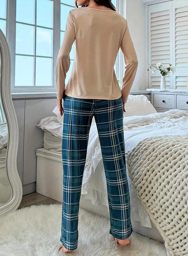 تايك تو طقم تيشيرت بأكمام طويلة مع جيب وبنطال بنقشة مربعات