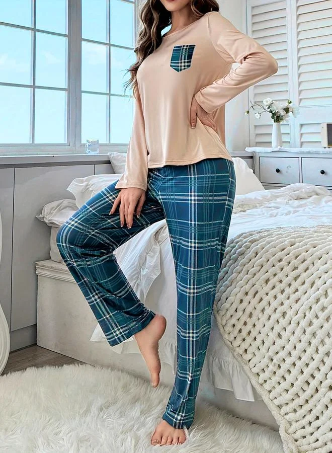 Take Two  Take Two Pocket Detail Long Sleeve T-Shirt and Checked Pyjama Set for Women | Best Price UAE
