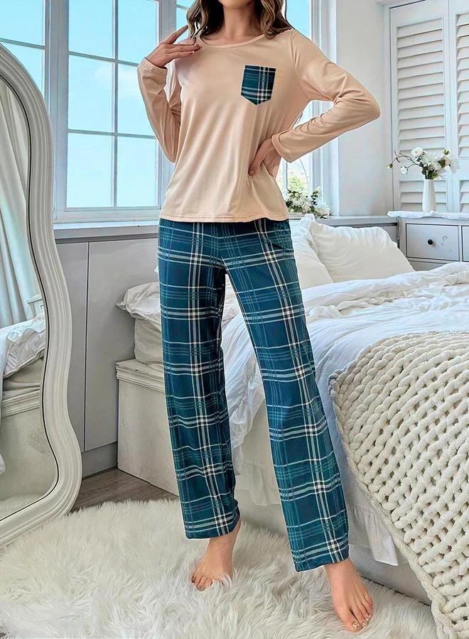 Take Two  Take Two Pocket Detail Long Sleeve T-Shirt and Checked Pyjama Set for Women | Best Price UAE