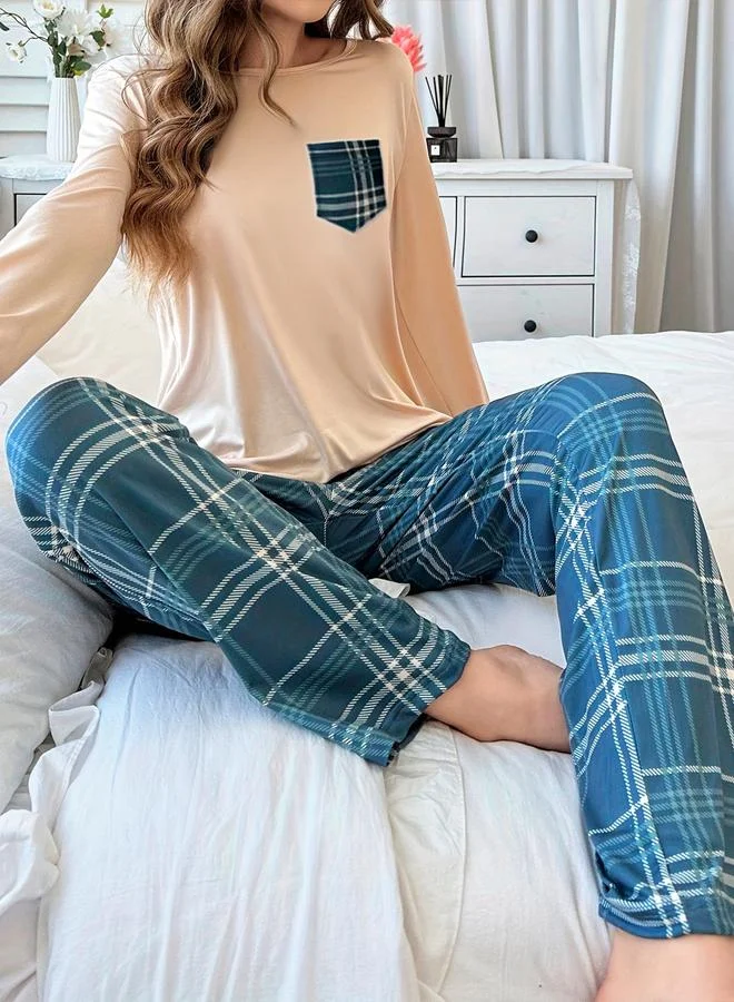 Take Two  Take Two Pocket Detail Long Sleeve T-Shirt and Checked Pyjama Set for Women | Best Price UAE