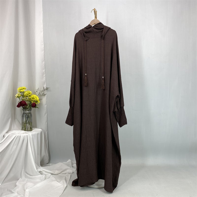 monica fashion Simple Solid Color Long Sleeves Kaftan And Batwing Style Hooded Dress - Image 1