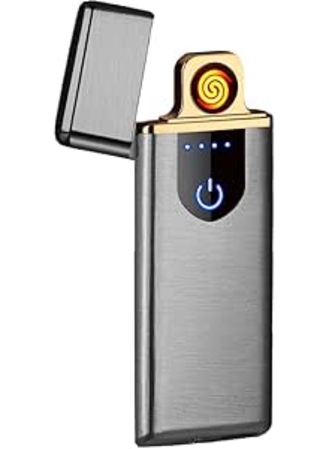 USB Rechargeable Electric Lighter, Windproof Flameless Design, Touch Sensor, Battery Indicator, Portable (Silver) - Image 1