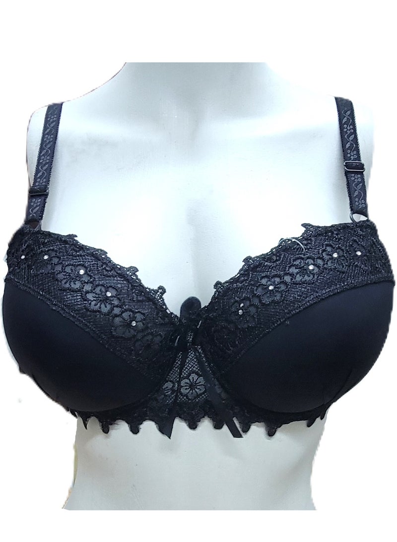 Women's Push-Up Bra with Embellished Lace and Shiny Rhinestones  - Image 1