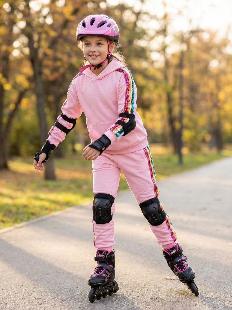WELAKEN Girls 2 Piece Outfit Rainbow Sequin Striped Sweatshirt & Sweatpants Clothing Set - Image 4