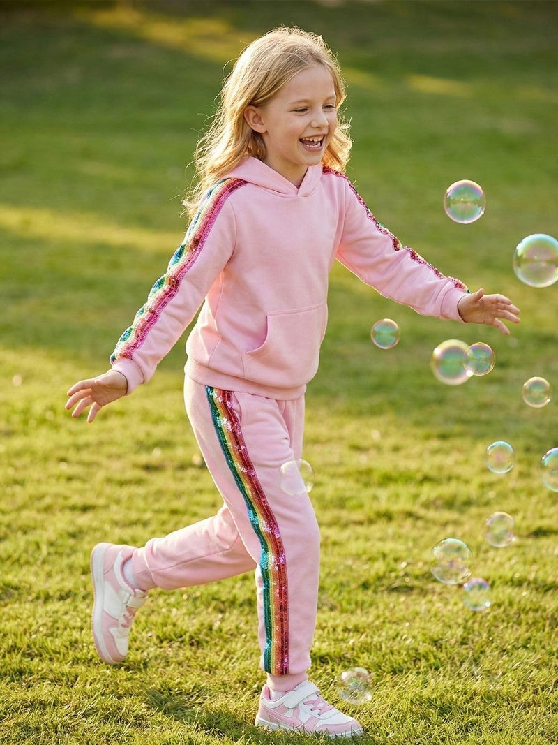 WELAKEN Girls 2 Piece Outfit Rainbow Sequin Striped Sweatshirt & Sweatpants Clothing Set - Image 2