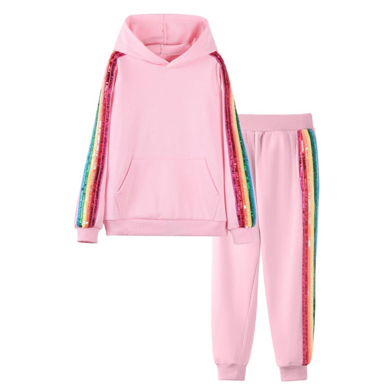 WELAKEN Girls 2 Piece Outfit Rainbow Sequin Striped Sweatshirt & Sweatpants Clothing Set - Image 1