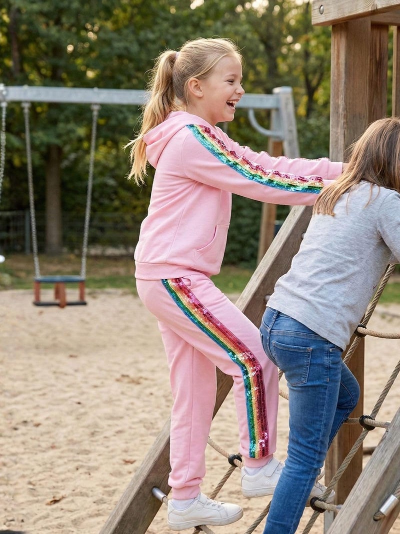 WELAKEN Girls 2 Piece Outfit Rainbow Sequin Striped Sweatshirt & Sweatpants Clothing Set - Image 3
