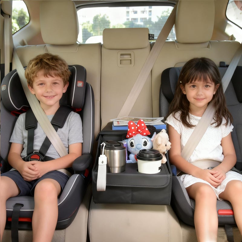 SLOGENTO Backseat Car Organizer, Middle Seat Organizer With 4 Storage Compartments 2 Cup Holders, Back Seat Center Hand Rest Toy Storage for Toddler Kids Family Travel Roadtrip Essentials for SUV Truck Van - Image 3