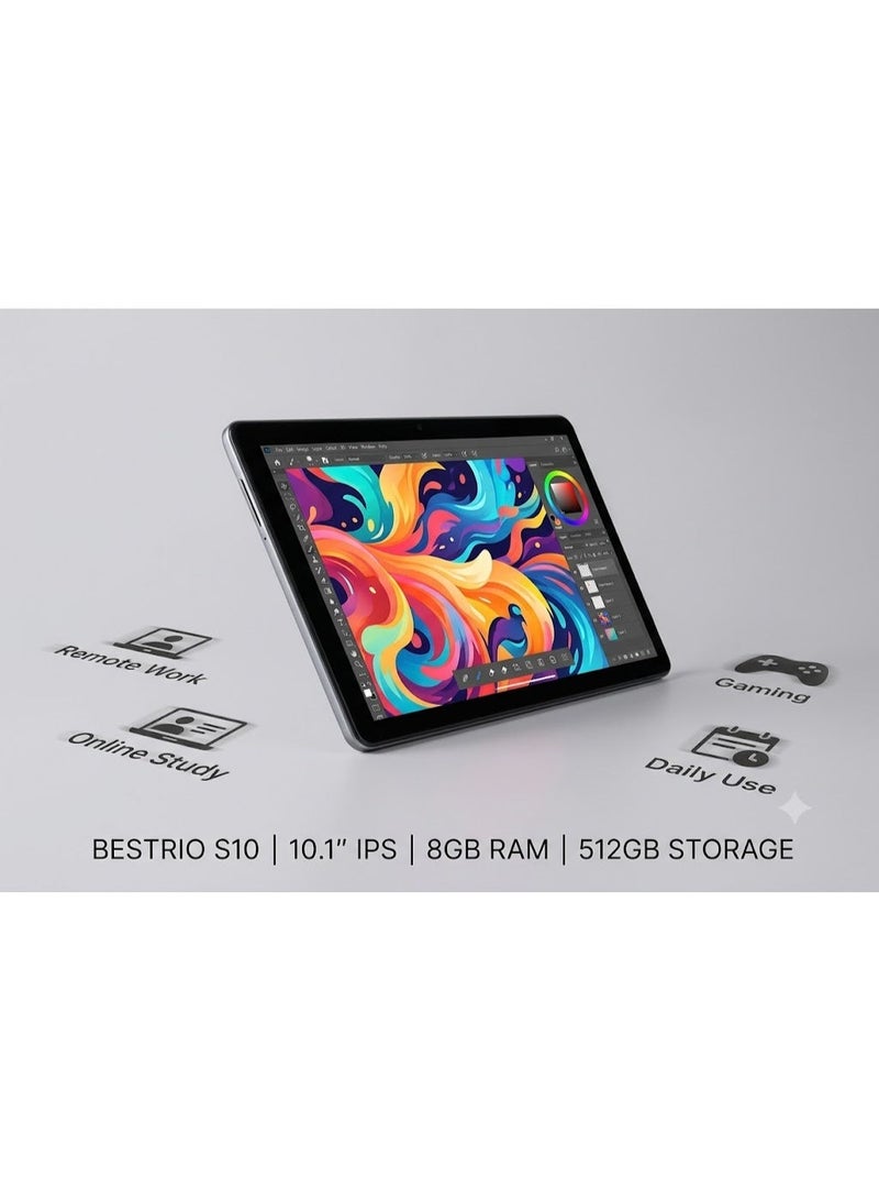 BESTRIO جهاز لوحي BESTRIO S10 | شاشة IPS مقاس 10.1 بوصة | ذاكرة وصول عشوائي (RAM) سعة 8 جيجابايت ومساحة تخزين 512 جيجابايت | جهاز لوحي بنظام Android عالي الأداء - Image 2