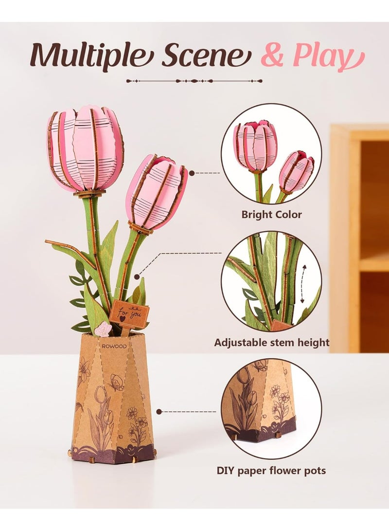 ROBOTIME Rowood DIY Wooden Flower Pink Tulip TW082 Perfect for Home Decor & Creative Gift, Ideal for Bedroom, Kitchen, or Living Room, Festive Home Accent, Detailed Craftsmanship - Image 4
