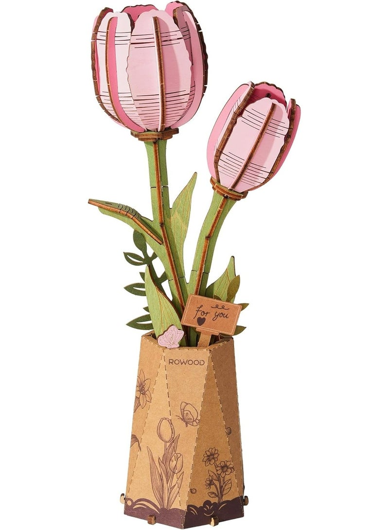 ROBOTIME Rowood DIY Wooden Flower Pink Tulip TW082 Perfect for Home Decor & Creative Gift, Ideal for Bedroom, Kitchen, or Living Room, Festive Home Accent, Detailed Craftsmanship - Image 1