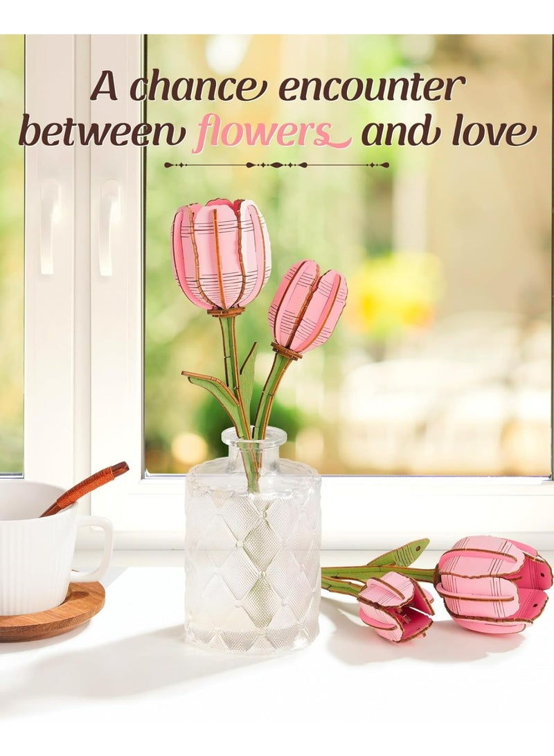 ROBOTIME Rowood DIY Wooden Flower Pink Tulip TW082 Perfect for Home Decor & Creative Gift, Ideal for Bedroom, Kitchen, or Living Room, Festive Home Accent, Detailed Craftsmanship - Image 2