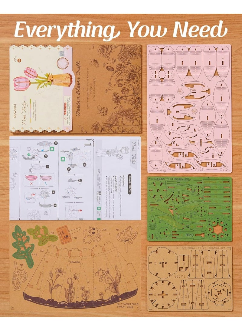 ROBOTIME Rowood DIY Wooden Flower Pink Tulip TW082 Perfect for Home Decor & Creative Gift, Ideal for Bedroom, Kitchen, or Living Room, Festive Home Accent, Detailed Craftsmanship - Image 5