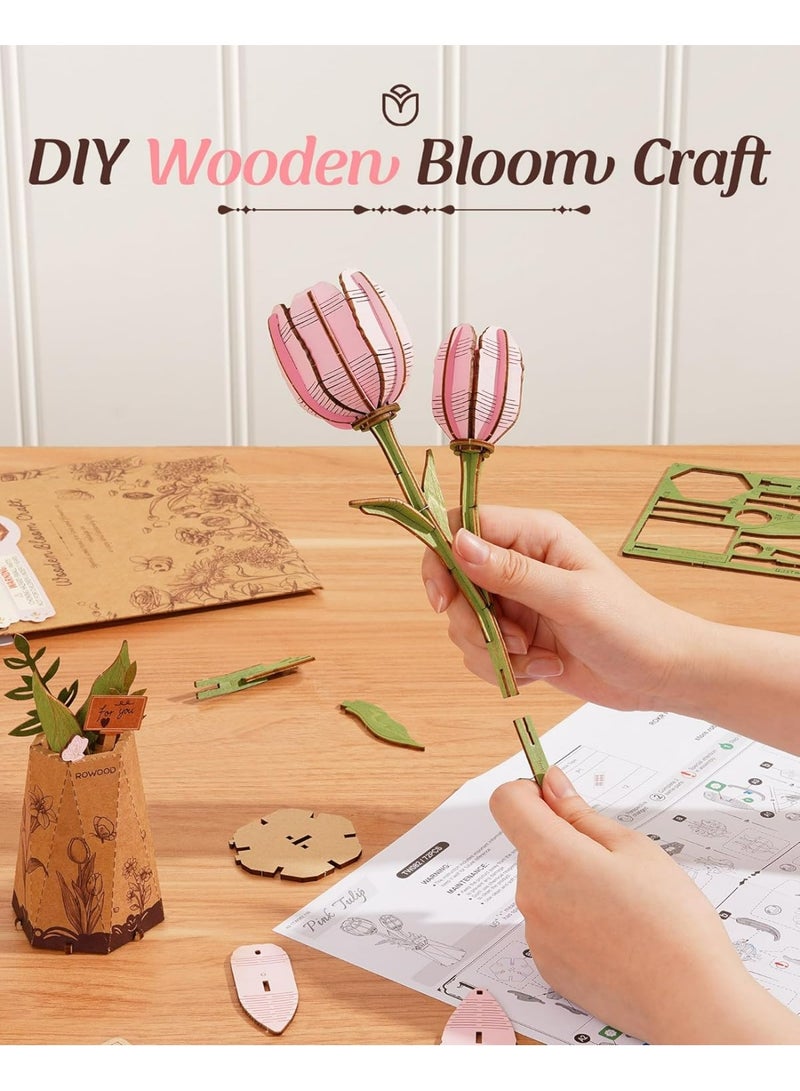 ROBOTIME Rowood DIY Wooden Flower Pink Tulip TW082 Perfect for Home Decor & Creative Gift, Ideal for Bedroom, Kitchen, or Living Room, Festive Home Accent, Detailed Craftsmanship - Image 3