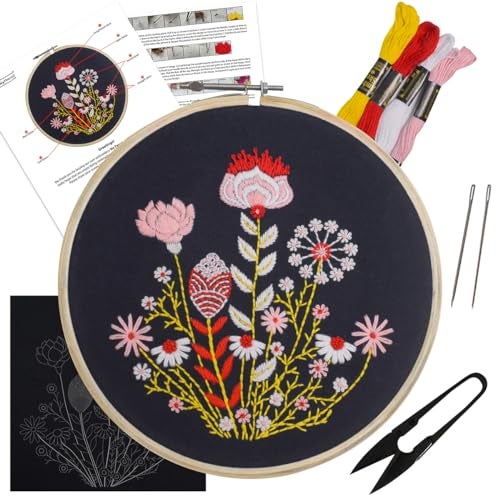 Embroiderymaterial Cross Stitch Embroidery Kit For Beginners, Floral Garden Design Pattern With Pre Printed Cloth Fabric, Instructions Papers, Threads & Needles All Materials Included,Multicolor - Image 1