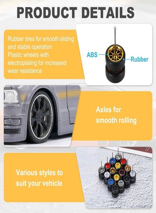 MECCANIXITY 4 Set 1/64 Wheels and Tires Set, Real Riders Rims Includes Axles for RC Diecast Car DIY Model, 10-Spoke Gold Silver Black White Rims 11 x 5.4mm - Image 4