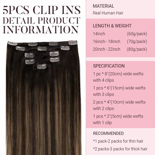 MAXITA Clip in Hair Extensions Real Human Hair, 70g 5pcs Balayage Dark Brown Mixed Chestnut Brown 18 Inch, Remy Natural Hair Straight for Women - Image 2