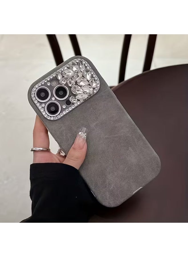 Temu A luxurious, modern phone case adorned with crystals around the camera. A sophisticated and elegant style. A premium case with a minimalist design, handcrafted from suede leather embellished with rhinestones. Compatible with iPhone 15 Pro Max. - Image 2