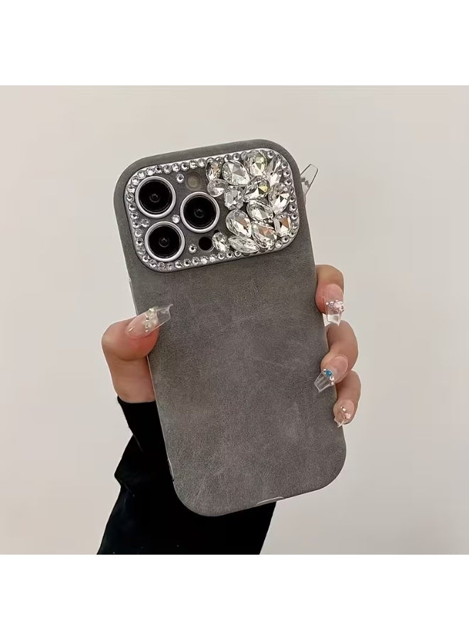 Temu A luxurious, modern phone case adorned with crystals around the camera. A sophisticated and elegant style. A premium case with a minimalist design, handcrafted from suede leather embellished with rhinestones. Compatible with iPhone 15 Pro Max. - Image 1