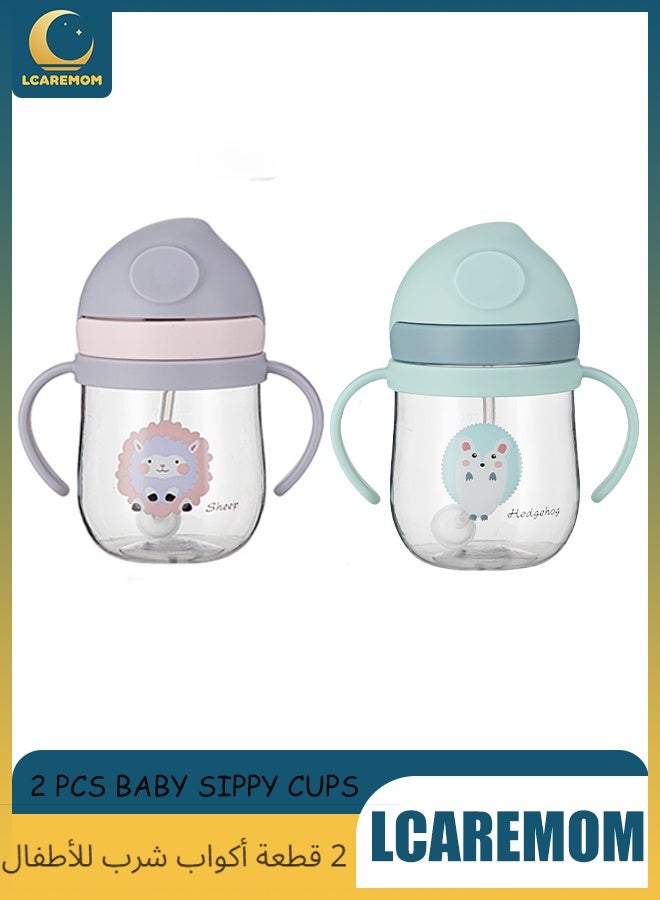 LCAREMOM 2 PCS Baby Sippy Cups for 6 Months +, 250ml Baby Straw Cup with Weighted Straw and Easy Grip Handles, Weighted Straw Non Spill Cup for Toddlers, Kids Water Bottle with Simple Flip Lid, Independent Drinking Toddler Sippy Cup, 360 Degree Spill Proof Toddler Cup - Image 1