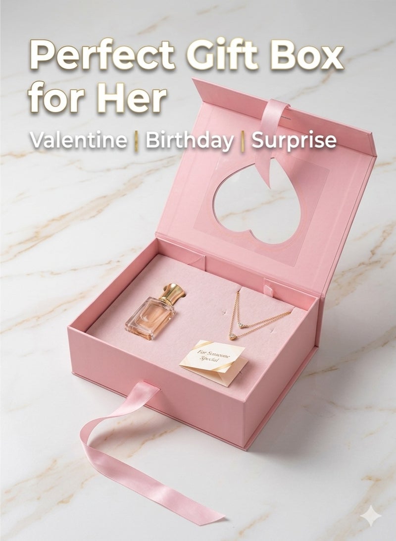 علبة هدايا وردية بنافذة قلب – علبة هدايا مغناطيسية قابلة للطي مع شريط، مثالية لهدايا عيد الحب وأعياد الميلاد والهدايا الرومانسية للزوجة أو الحبيبة - Image 1