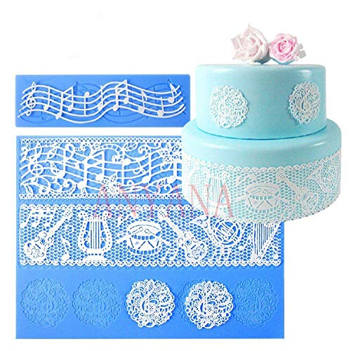 Anyana set of 2 sugar edible cake silicone fondant impression lace mat cake decorating mold gum paste cupcake topper tool icing candy imprint baking moulds sugarcraft music note musical ensemble - Image 1