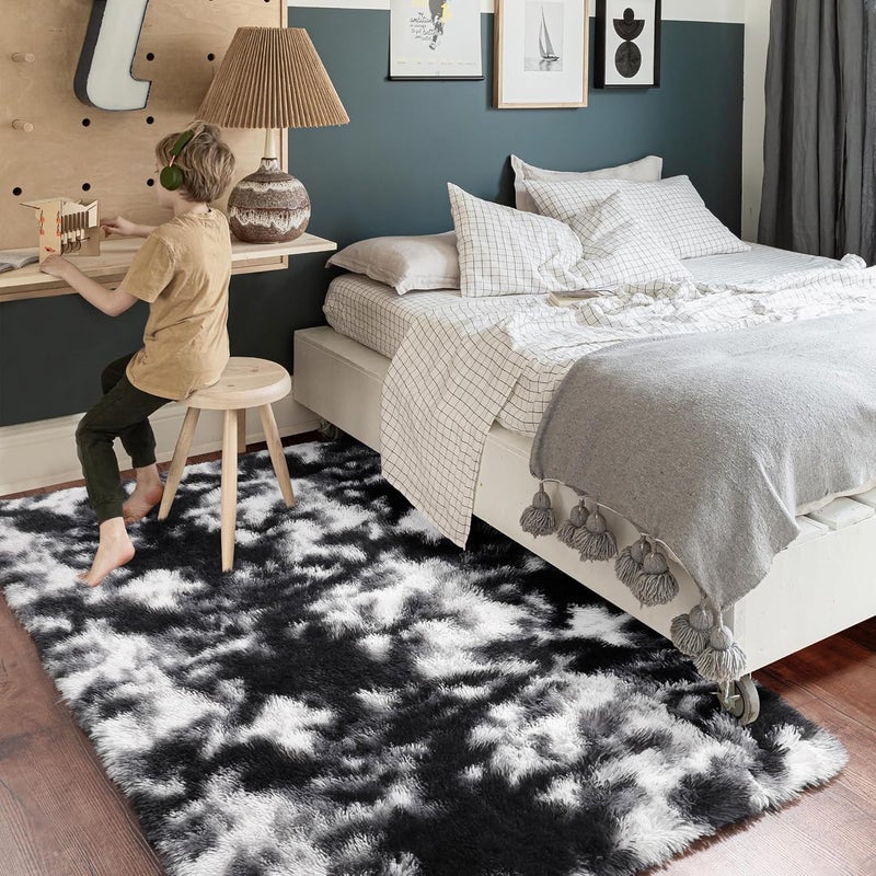 Amdrebio Black White Grey Cool Area Rugs for Bedroom Living Room, Fluffy Modern Furry Rugs for Kids Room Decor, Plush Shaggy Throw Rug 4x6 for Men Teen Boy, Aesthetic Floor Carpet for Dorm Home Office - Image 3