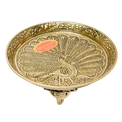 Bhimonee Decor | Brass Peacock Design Pin Tray | Pooja Thali for Home Decor | 1.4 Inches, 160 gm | Rectangular Gold Tray for Pooja & Religious Use - Image 1