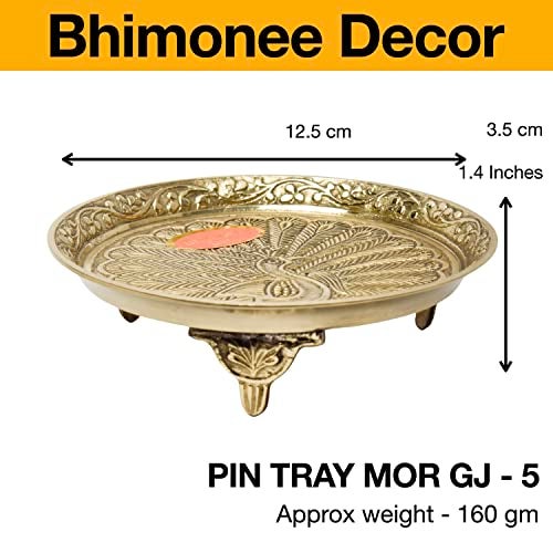 Bhimonee Decor | Brass Peacock Design Pin Tray | Pooja Thali for Home Decor | 1.4 Inches, 160 gm | Rectangular Gold Tray for Pooja & Religious Use - Image 5