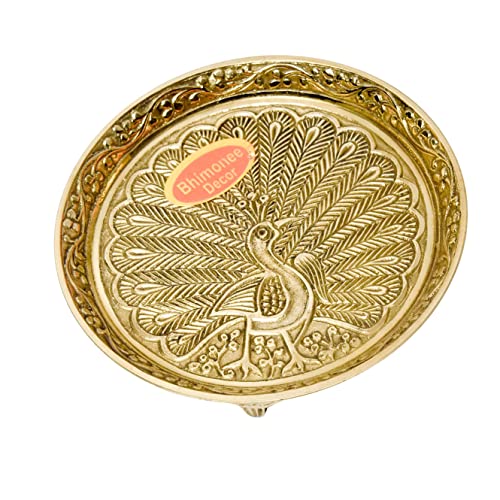 Bhimonee Decor | Brass Peacock Design Pin Tray | Pooja Thali for Home Decor | 1.4 Inches, 160 gm | Rectangular Gold Tray for Pooja & Religious Use - Image 4