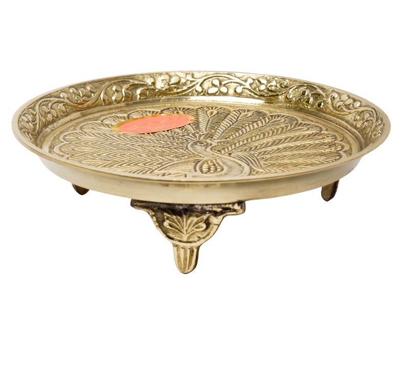 Bhimonee Decor | Brass Peacock Design Pin Tray | Pooja Thali for Home Decor | 1.4 Inches, 160 gm | Rectangular Gold Tray for Pooja & Religious Use - Image 2