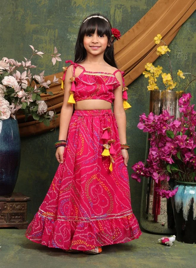 Saka Designs Magenta Bandhani Printed Lehenga Choli Set for Girls