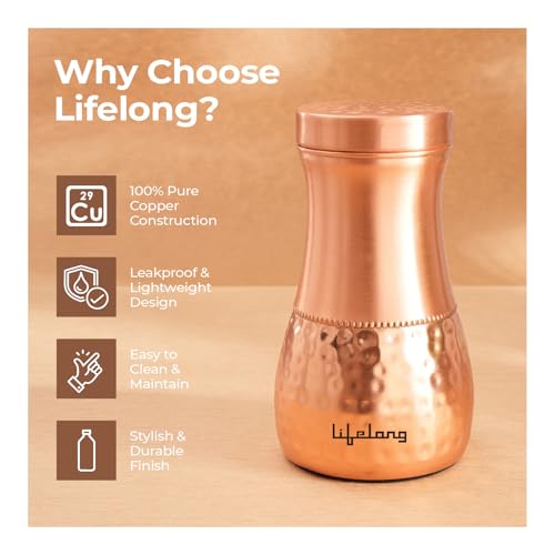 Lifelong 700ml Copper Bedside Water Bottle | Natural Alkaline water | Leakproof & Lightweight Design Boosts Immunity | Jar Pot Design for Nightstand Use | Odour-Free & Easy to Clean with Secure Cap - Image 4