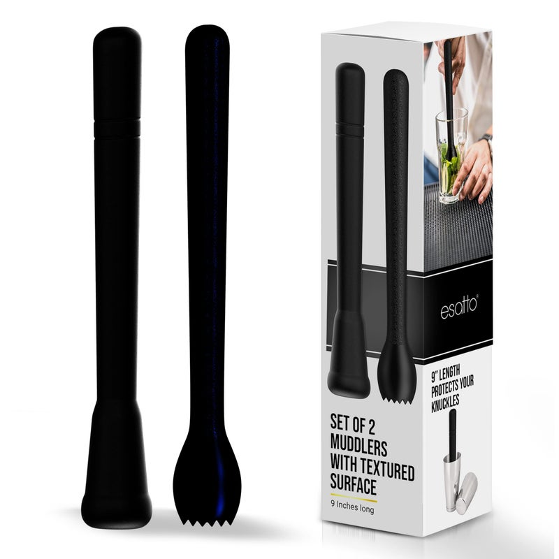 Esatto Professional Bar Tool Muddler 25 CM 9 Inches Ribbed Made with ABS Plastic Black Set of 2 Durable and Ribbed for Mashing Fruits Berries Sugar Spices and Herbs