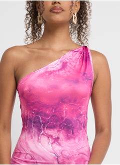 Ginger One Shoulder Blurred Effect Ruched Bodycon Dress  - Image 3