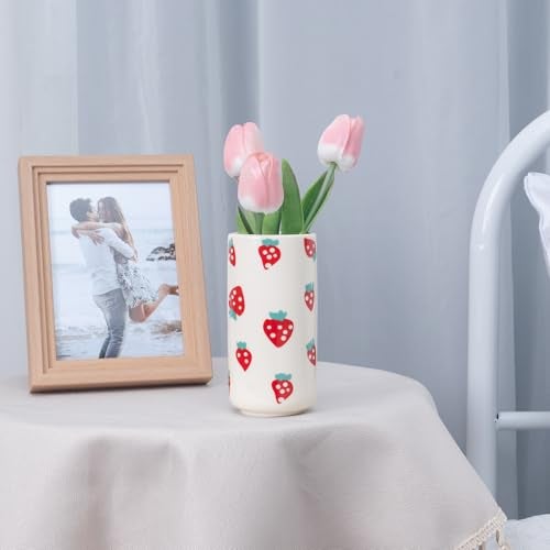 Tnstbiee Cute Ceramic Strawberry Vase - Unique Centerpieces for Tables - Funky Flower and Fruit Decorative - Colorful Girly Home Decor - Aesthetic Modern Design for Summer Decoration - Image 5