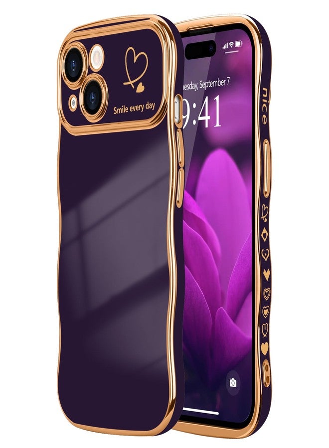 جراب LCHULLE لهاتف iPhone 15 للنساء والفتيات، جراب هاتف بتصميم قلب وإطار مموج لطيف، غطاء فاخر مقاوم للصدمات مع حماية بارزة للكاميرا، مناسب لهاتف iPhone 15 (6.1 بوصة)، لون بنفسجي داكن - Image 1